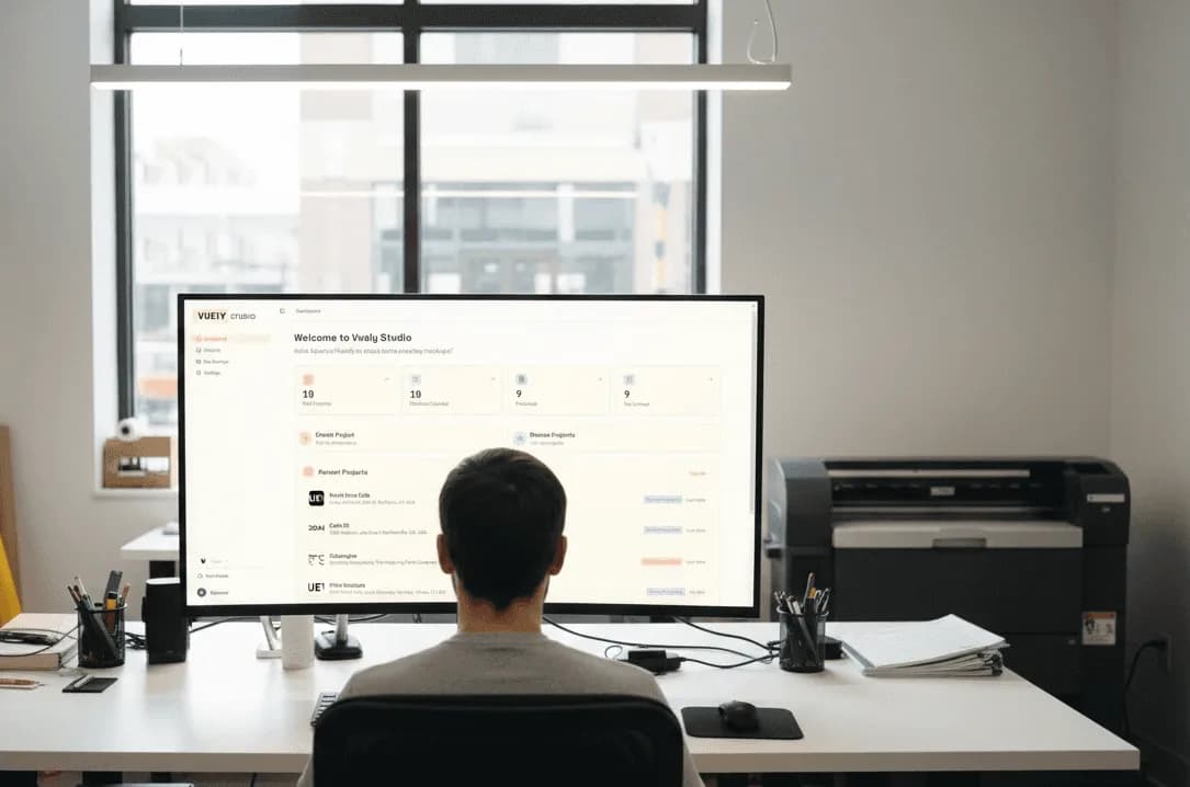 Reviewing the Vuely Studio dashboard on a desktop monitor at the office